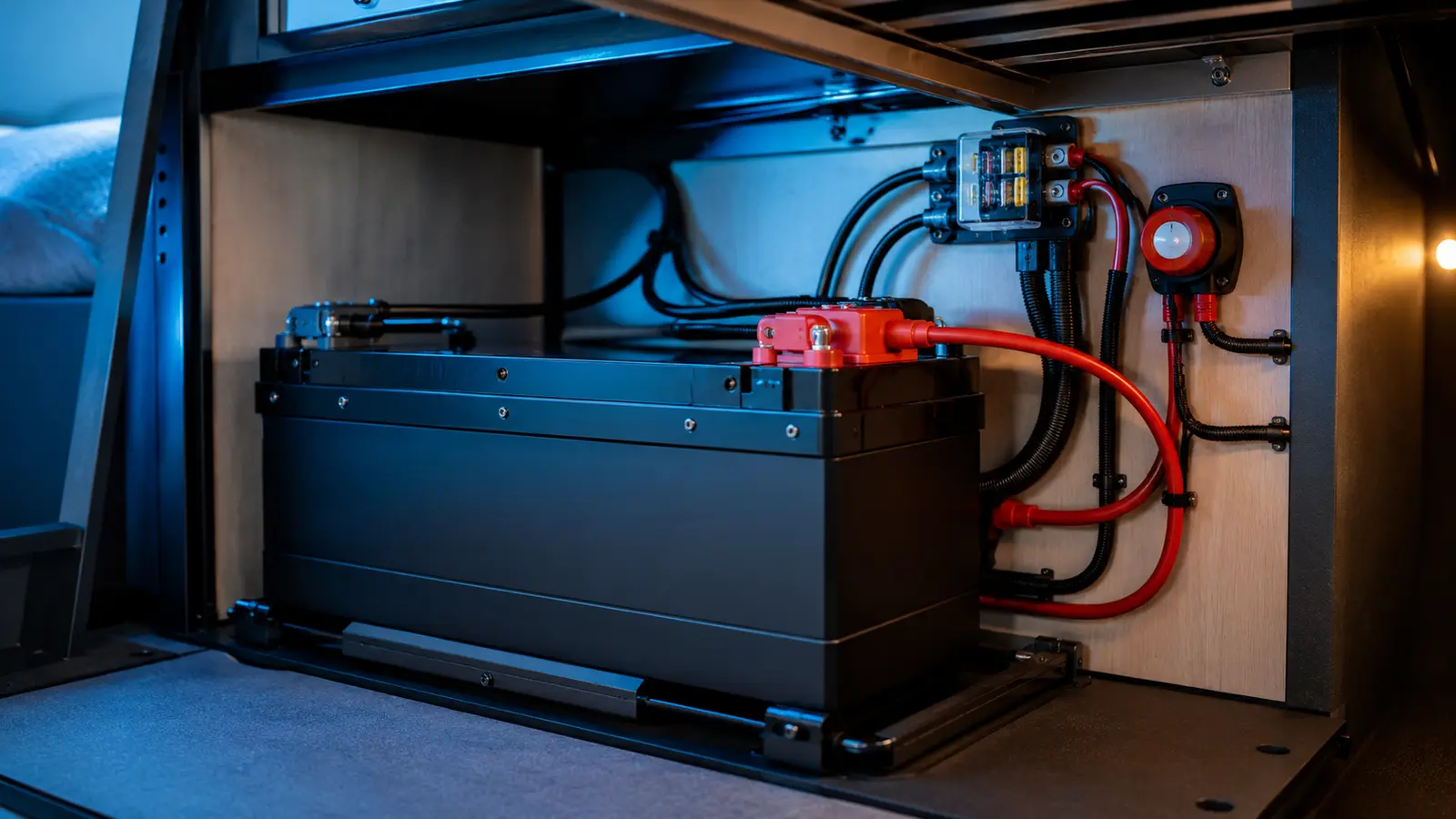 LiFePO4 deep-cycle battery installed with a fuse and disconnect in a camper van electrical compartment