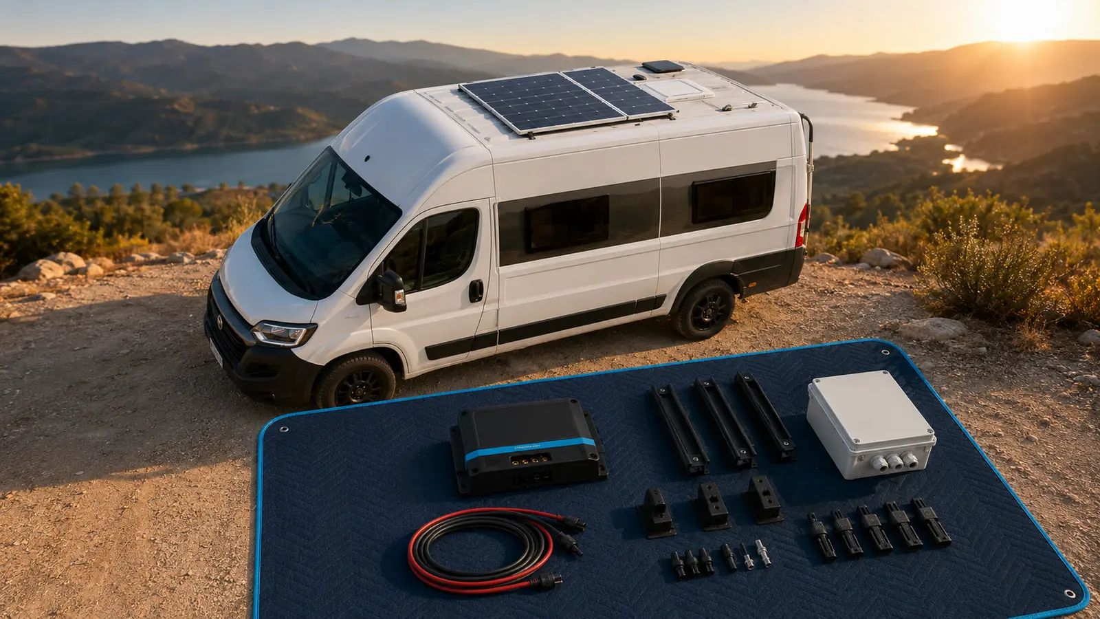 RV solar panel kit components beside a camper van with roof-mounted solar panels