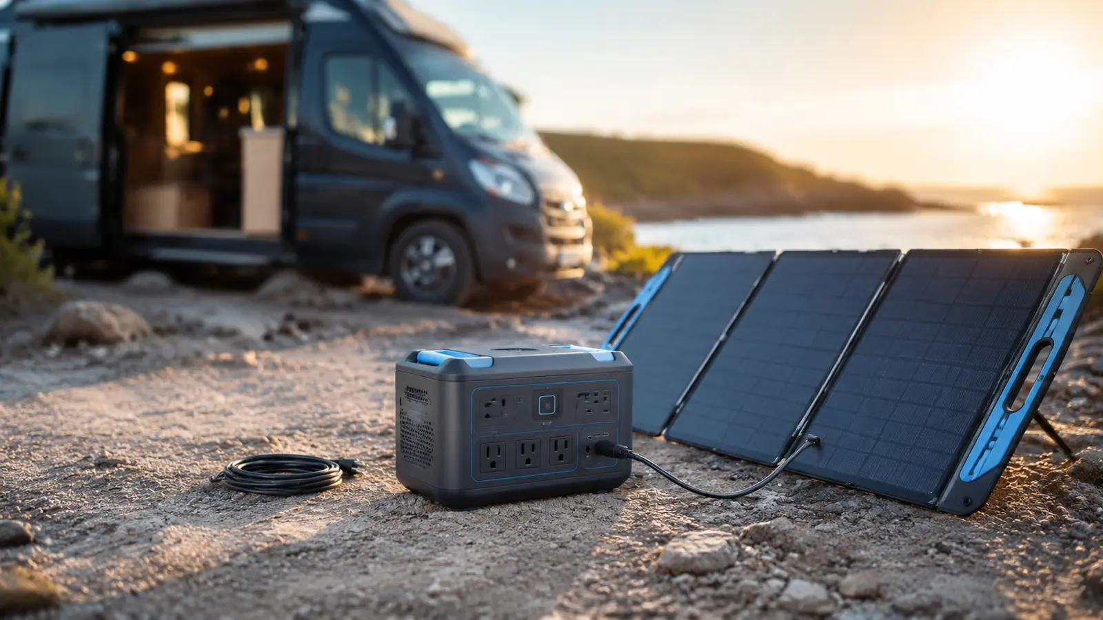 Portable power station connected to a folding solar panel at a campsite