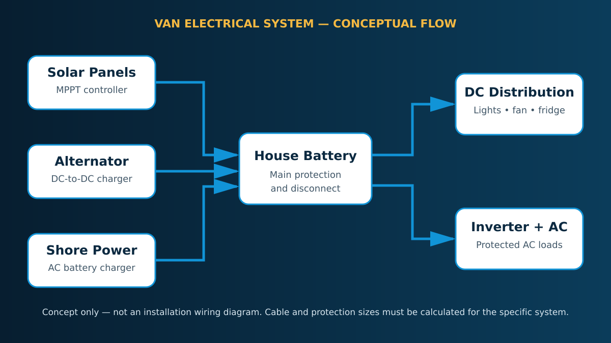 Simple van electrical system flow from solar, alternator, and shore power to a house battery and protected DC and AC loads